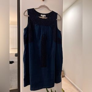 Blue tank dress with black embroidery and POCKETS!